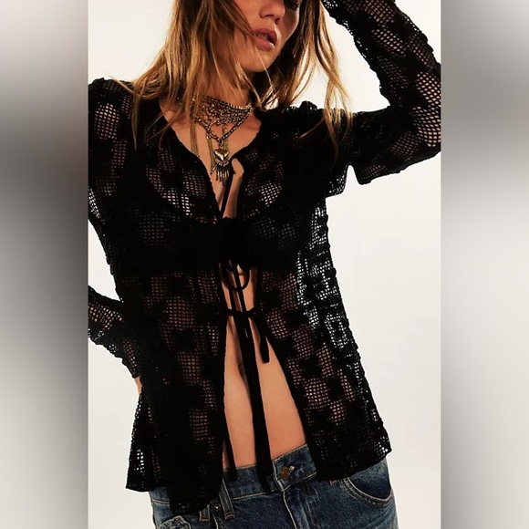 Free People Tops - Free People Women’s Julie Knit Black Sheer Lace Cardigan Size XS Crochet Bow Tie